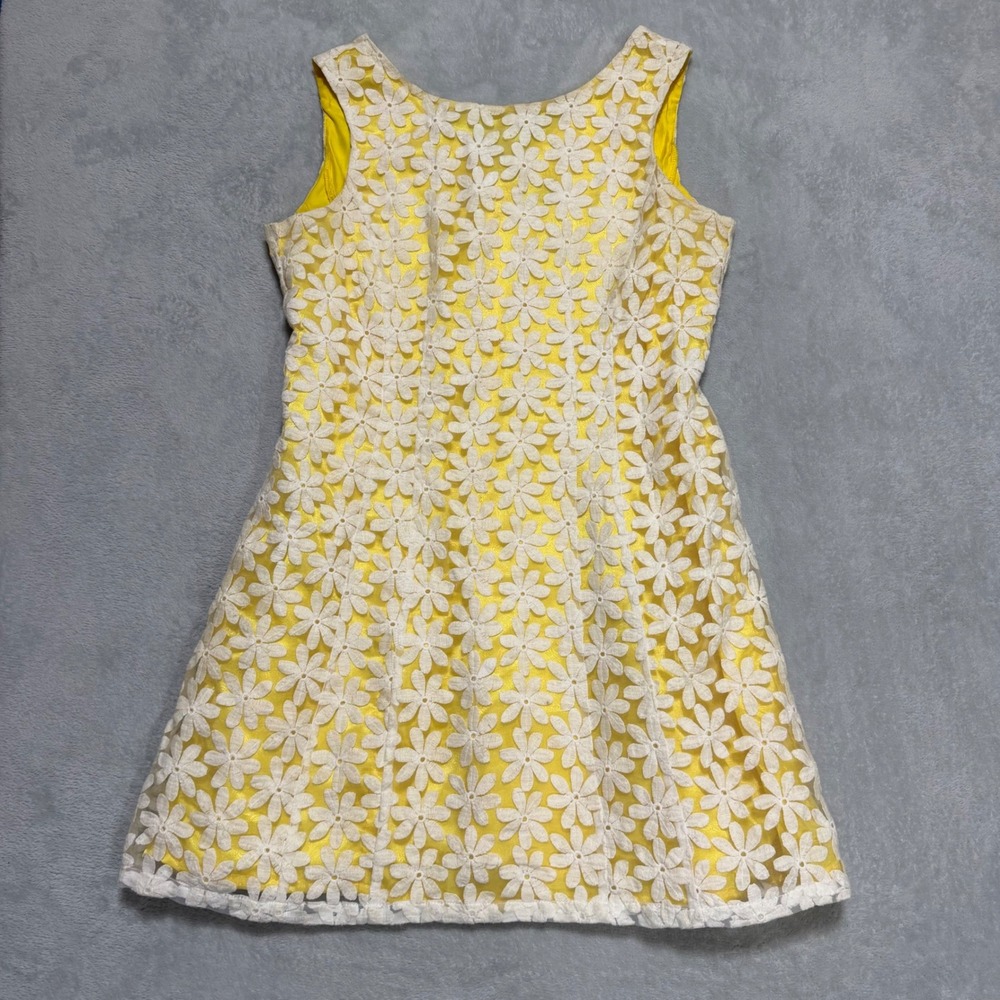 Cremieux A-Line Dress Womens 12 Yellow White Floral Lace Sleeveless Mod Mini - Picture 2 of 11
